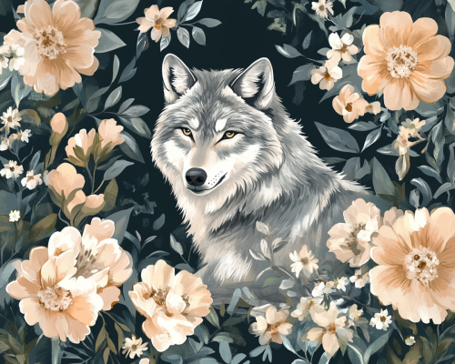 A Gentle Wolf Among Blooming Flowers - Nature's Harmony