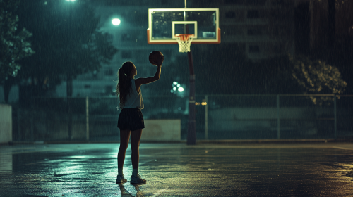 A Girl's Solo Nighttime Basketball Practice