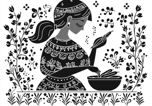 A Girl Cooking Pepperoni in Ancient Slavic Style