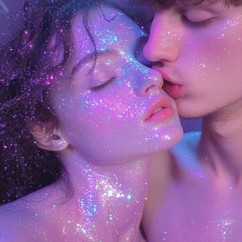 A Girl Covered in Purple Glitter Being Kissed