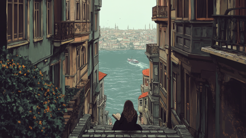 A Girl Reading on Istanbul Staircase