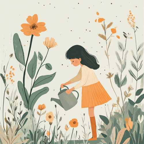 A Girl Waters Flowers in Detailed Vector Style