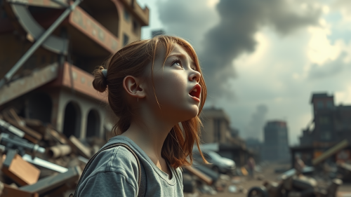 A Girl Weeping in War-Torn Cityscape