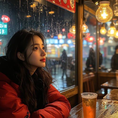 A Girl in Red Coat Drinking at Korean Cafe