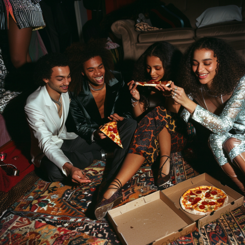 A Glamorous Night: Young Adults Enjoying Pizza