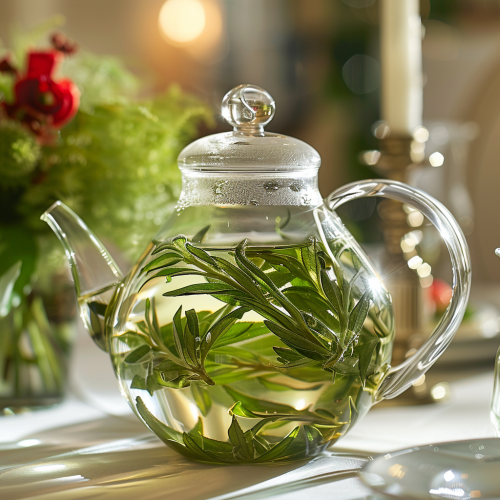 A Glass Teapot with Green Tea Leaves Swirling