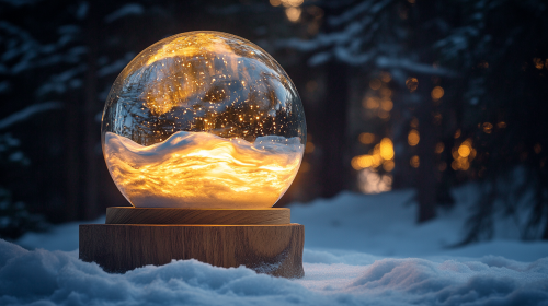 A Glowing Snow Globe in Nighttime Pine Forest