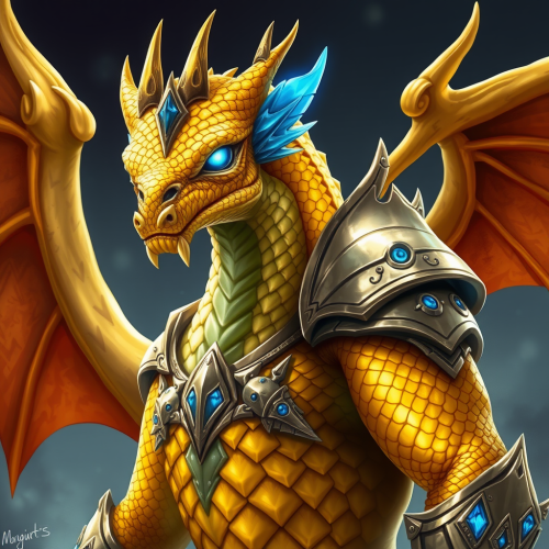 A Golden Dragonborn Warrior with Blue Accents