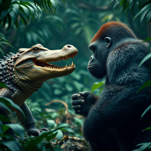 A Gorilla and Crocodile Face-Off in Jungle