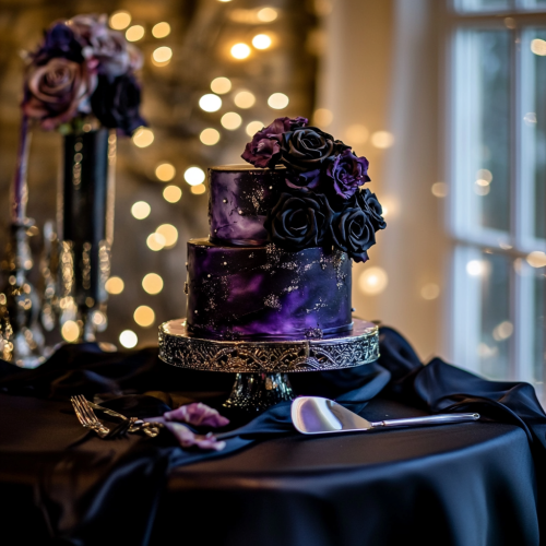 A Gothic Wedding Cake on a Elegant Table