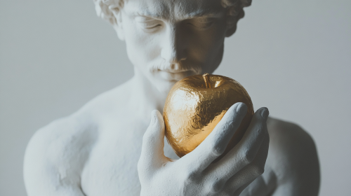 A Greek man hides golden apple in hands