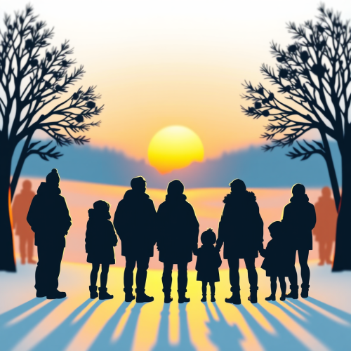 A Group Observing Sunrise in Wintery Forest