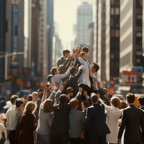 A Group of People in Business Clothes Making Human Pyramid on Busy Street