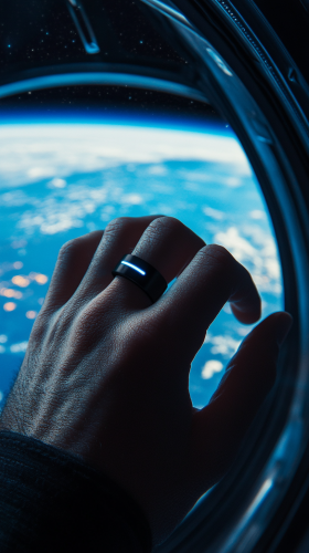 A Hand with Black Ring Glowing in Space