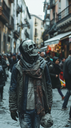 A Handsome Skeleton Strolling in Madrid Street