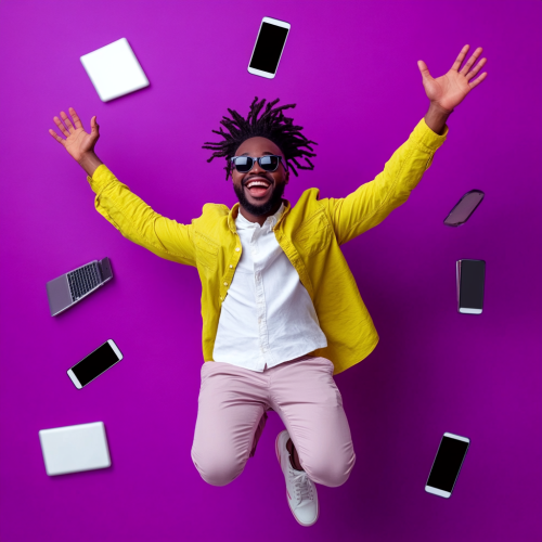 A Happy, Stylish Man Flying with Technology