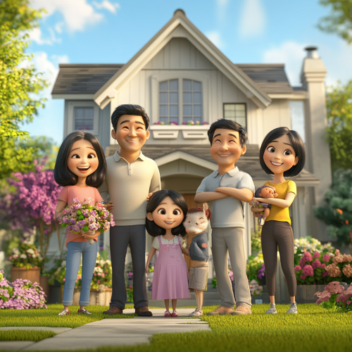A Happy Asian Family Outside Western House A Happy Asian Family Outside Western House