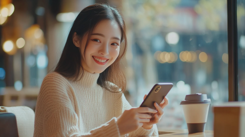 A Happy Asian Woman Managing Finances in Cafe