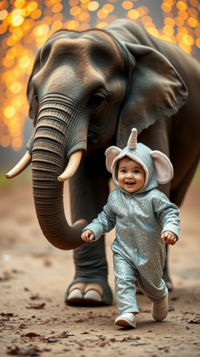 A Happy Baby Elephant Walking with a Real Elephant