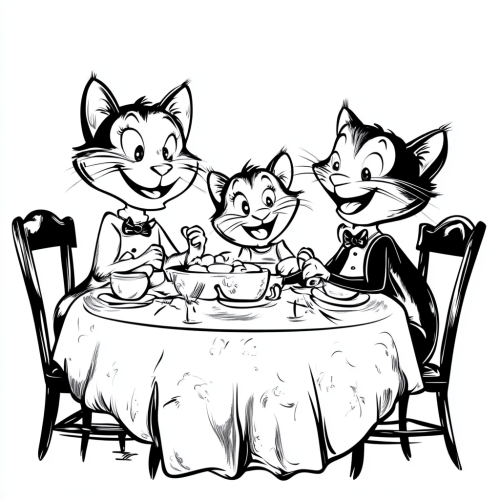 A Happy Cat Family Sitting at Dining Table
