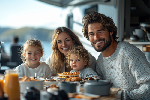 A Happy Family Having Breakfast Outside their RV. A Happy Family Having Breakfast Outside their RV.