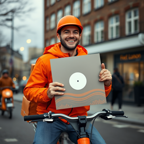 A Happy Food Delivery Rider with Album in London