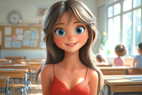 A Happy Girl in a Disney Classroom Cartoon