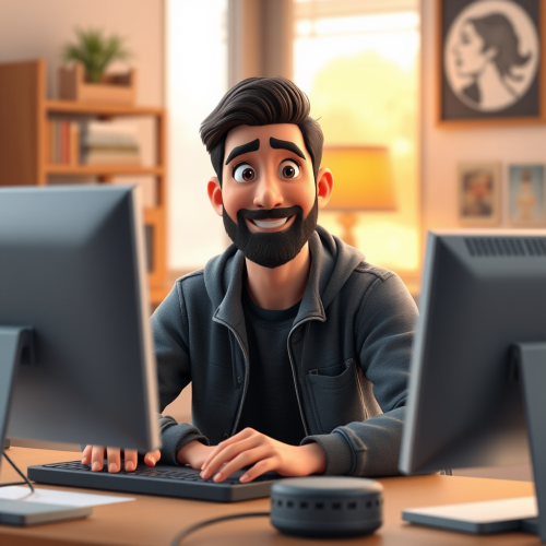 A Happy Hispanic Man Working on Computer Joyfully