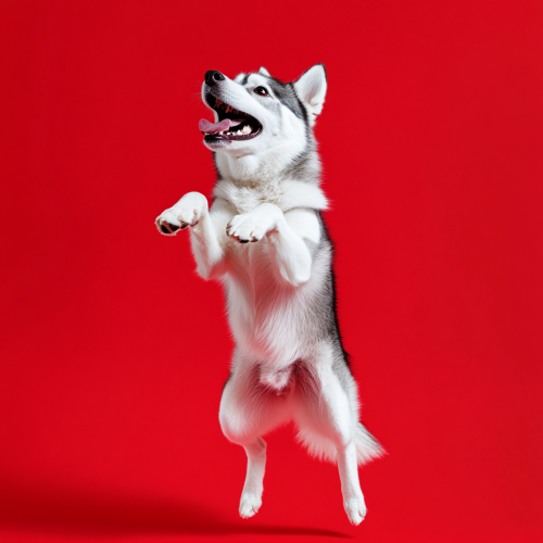 A Happy Husky Jumping on Red Background