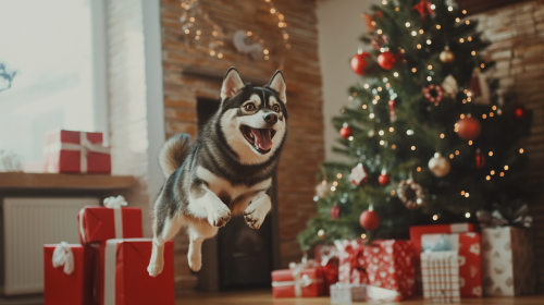 A Happy Husky and Cat Celebrating Christmas