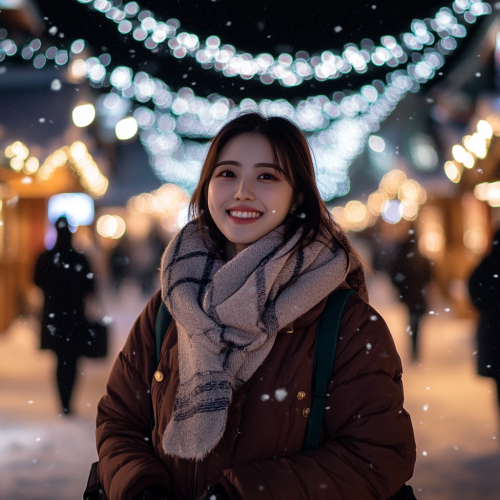 A Happy Korean Woman in Snowy Christmas Town