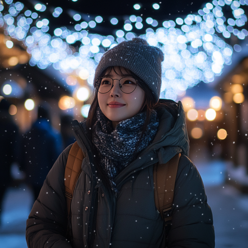 A Happy Korean Woman in Snowy Fairytale