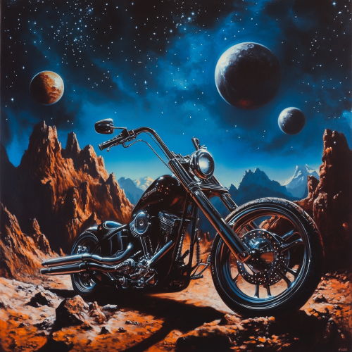 A Harley Davidson Chopper in Space surrounded by planets