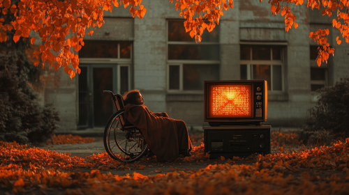 A Haunted Schoolyard Scene with Strange TV Images