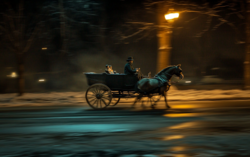 A Horse Coach Driving Fast at Night