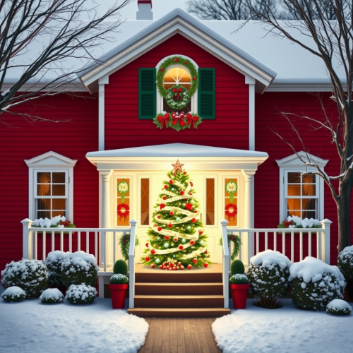 A House with Christmas Trees on Red-White Background