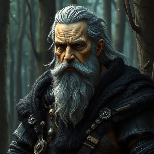 A Human Druid in Black Armor Surrounded by Stars