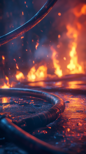 A Intense Fire Scene with Fire Hose Close-up