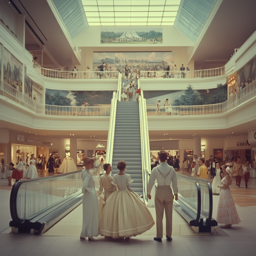 A Jane Austen character-filled mall, Benny Hill style.