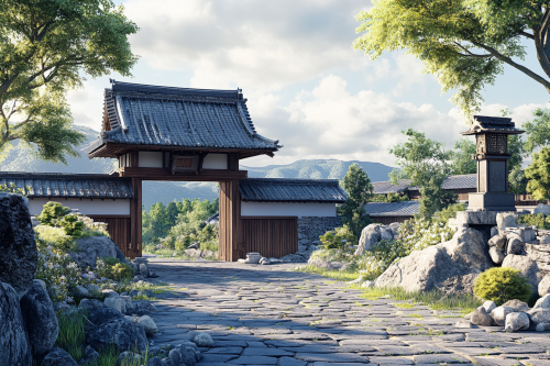 A Japanese Castle with Stone Walls and Garden