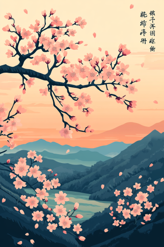A Japanese Cherry Blossom Landscape with Soft Colors