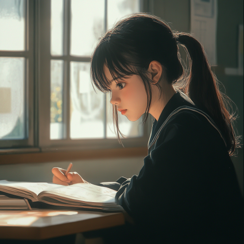 A Japanese High School Girl Writing in Classroom