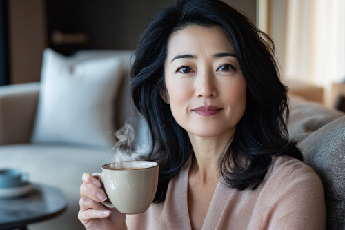 A Japanese Woman Enjoying Coffee in Stylish Home
