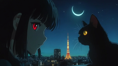 A Japanese anime girl and cat on balcony.