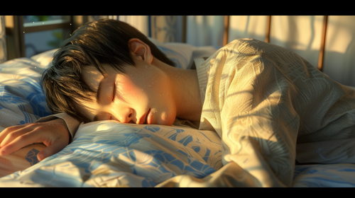 A Japanese boy peacefully sleeping in bed.