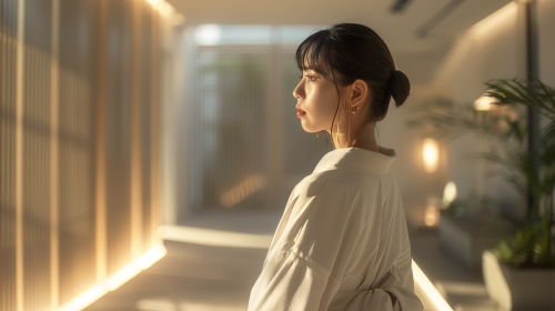 A Japanese girl in a white cardigan indoors