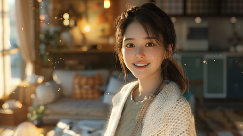 A Japanese girl smiling in a cozy room