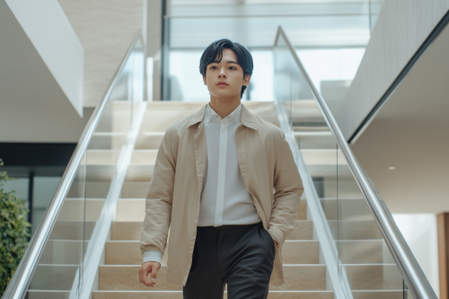 A Japanese man in smart outfit walking upstairs