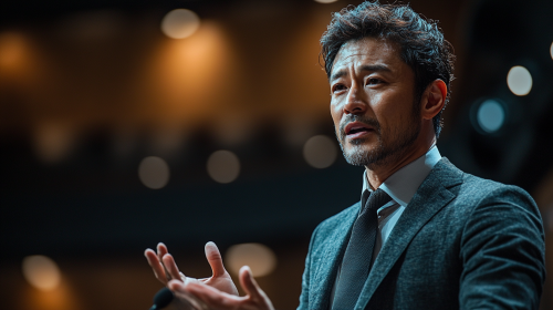 A Japanese man in suit presenting on stage.