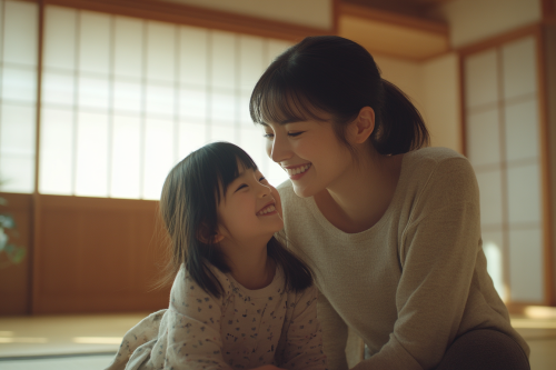 A Japanese mother and daughter bonding in modern room.